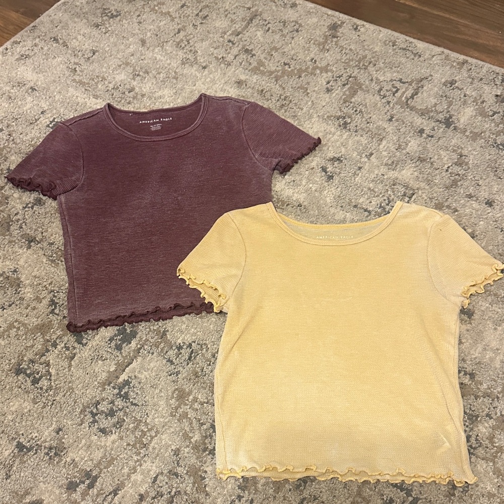 American Eagle Outfitters Ruffled Crop Tops - Maroon and Yellow